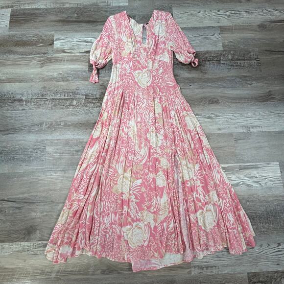 Free People Pink Floral Midi Dress Size 4 Tie Sleeve V-Neck Boho Vacation - Picture 2 of 9